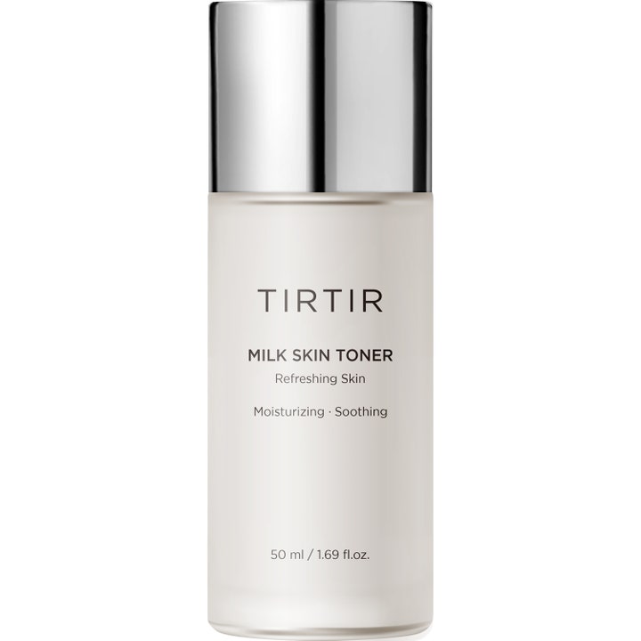 TIRTIR Milk Skin Toner 50 ml kosteuttava kasvovesi rauhoittaa ihoa hopeakorkkisessa maitomaisessa pullossa