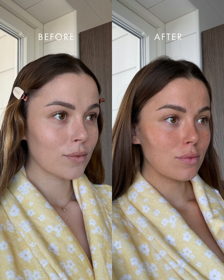 Hickap Sundazed Self Tanning Mist 100 ml luo päivettyneen hehkun kasvoille ennen ja jälkeen kuvassa.