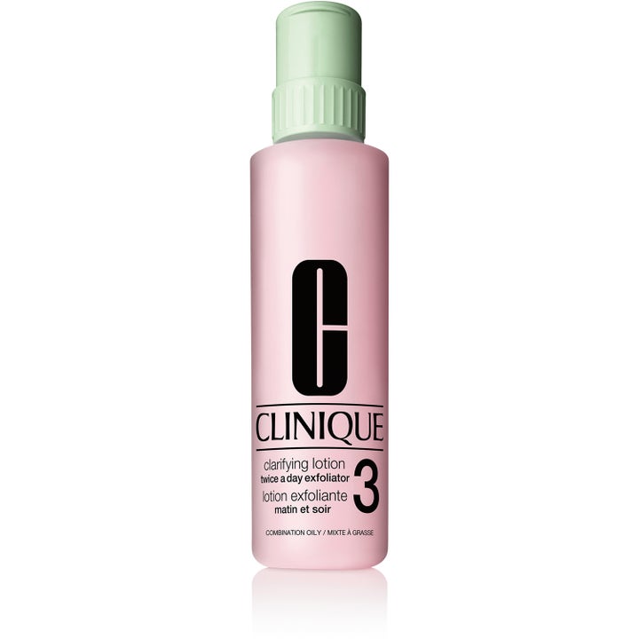 Clinique Clarifying Lotion 3 kuoriva kasvovesi kirkastaa ihoa vaaleanpunaisessa pullossa, jossa on vihreä korkki.