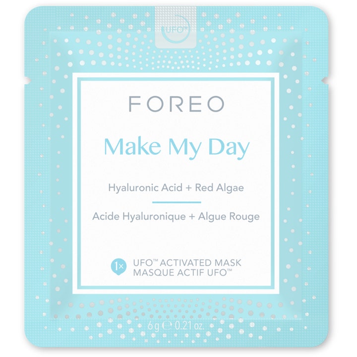 FOREO UFO Mask Make My Day 42 g kosteuttava kasvonaamio vaaleansinisessä pussissa sisältää hyaluronihappoa