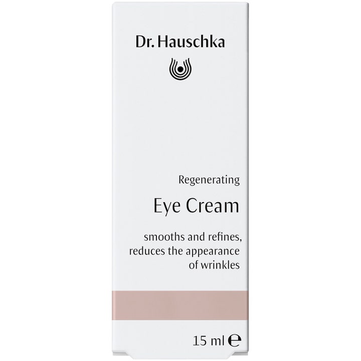 Dr. Hauschka Regenerating Eye Cream 15 ml silmänympärysvoide valkoisessa pakkauksessa, joka silottaa ryppyjä.