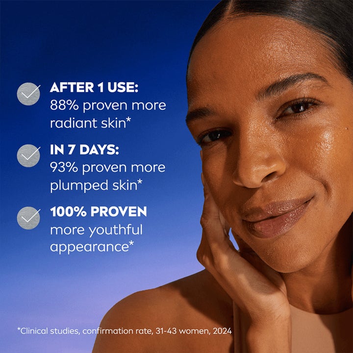 NIVEA Cellular Epigenetics Age Rewind Epicelline 30 ml seerumi ja nainen jolla on 100 % nuorekkaampi ilme