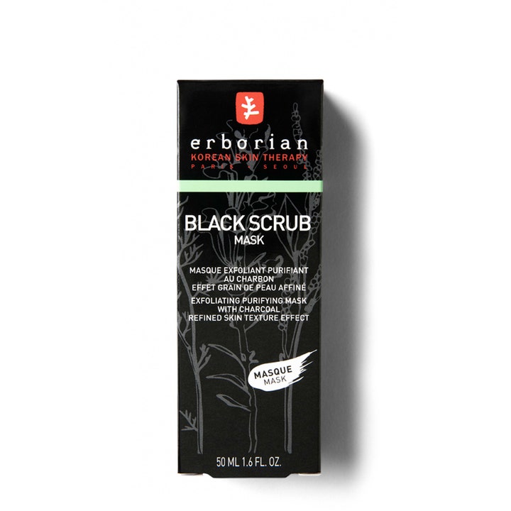 Erborian Black Scrub 50 ml kuoriva hiilinaamio mustassa pahvipakkauksessa puhdistaa ja tasoittaa ihon pintaa.