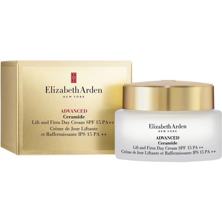 Elizabeth Arden Ceramide Lift & Firm Advanced Day Cream SPF15 50 ml päivävoide kultaisessa rasiassa ja purkissa.