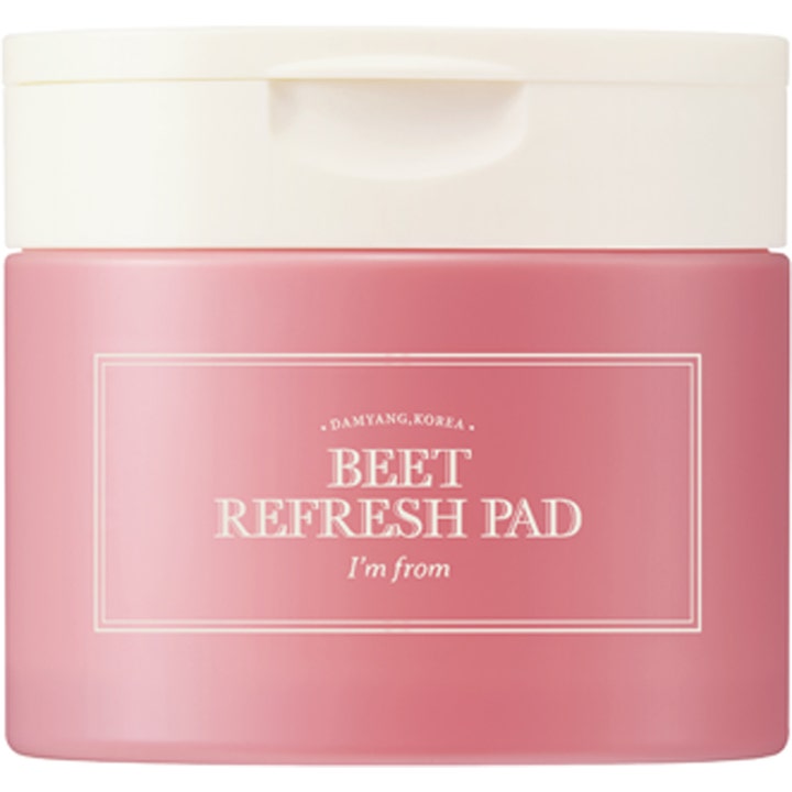 I'm From Beet Refresh Pad kosteuttavat hoitolaput punajuurella vaaleanpunaisessa purkissa valkoisella läppäkannella.