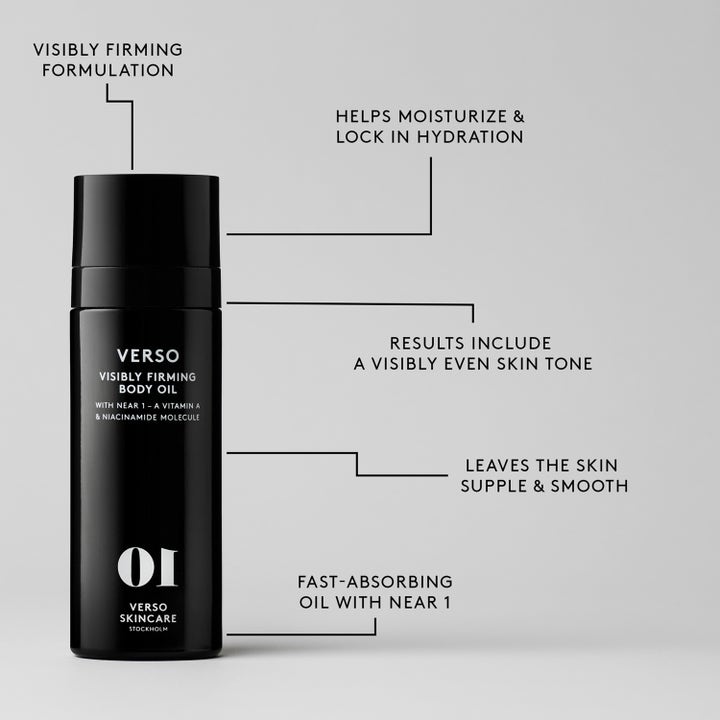 Verso N°10 Visible Firming Body Oil 100 ml kiinteyttävä vartaloöljy mustassa pullossa teksteillä ihon hoidosta.