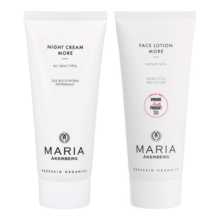 Maria Åkerberg Night Cream More ja Face Lotion More kiinteyttävät kasvovoiteet kahdessa valkoisessa tuubissa.