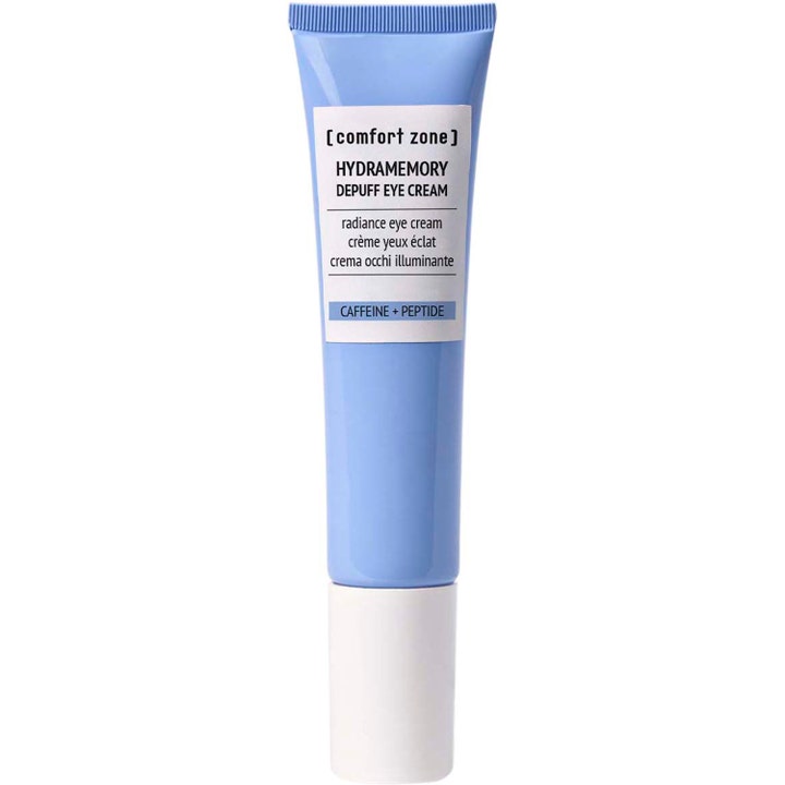 Comfort Zone Hydramemory Depuff Eye Cream kirkastava silmänympärysvoide vaaleansinisessä tuubissa valkoisella korkilla