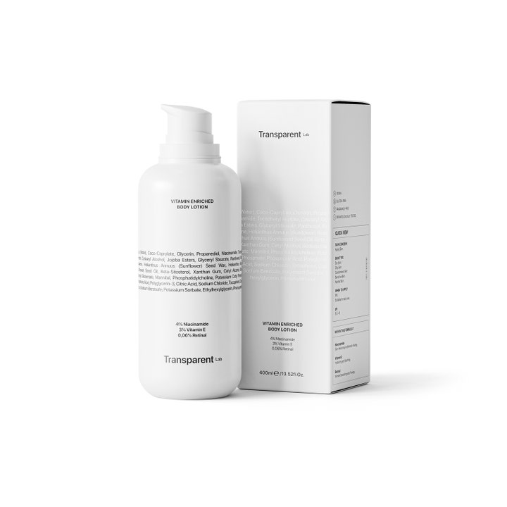 Niche Beauty Lab Transparent Lab Vitamin Enriched Body Lotion 400 ml hoitava vartalovoide valkoisessa pumppupullossa.