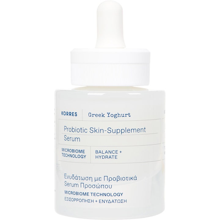Korres Greek Yoghurt Probiotic Skin-Supplement Serum tasapainottava seerumi valkoisessa pipettipullossa.
