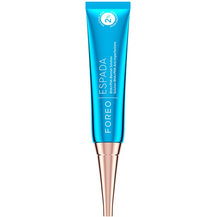 Foreo Espada BHA+PHA Blemish Solution 15 ml epäpuhtauksia hoitava voide kirkkaansinisessä tuubissa ruusukultaisella kärjellä.