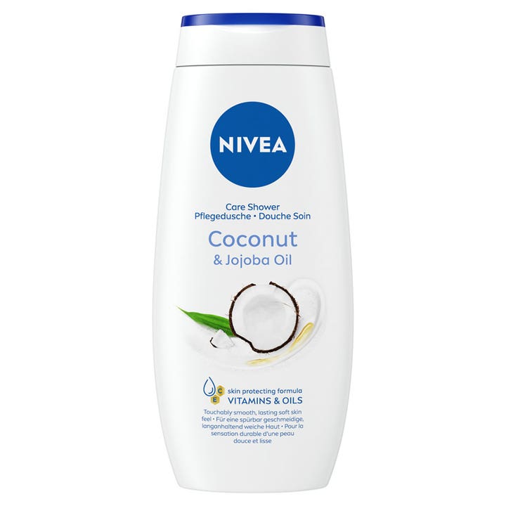 Nivea Care Shower Coconut & Jojoba Oil kosteuttava suihkugeeli valkoisessa muovipullossa jossa on kookoksen kuva