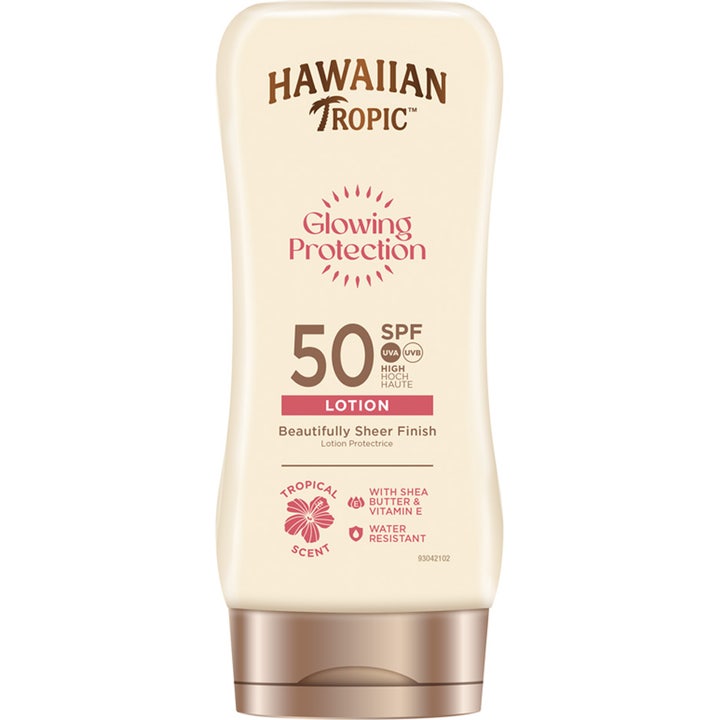 Hawaiian Tropic Glowing Protection SPF 50 aurinkosuojaemulsio antaa hehkua vaaleassa muovipullossa.