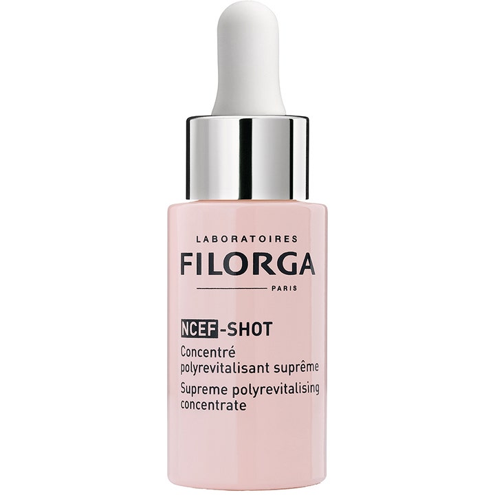 Filorga NCEF-SHOT 15 ml uudistava tiiviste vaaleanpunaisessa lasipullossa hopeisella korkilla ja pipetillä
