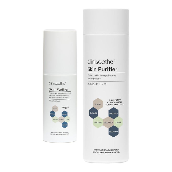 Clinisoothe+ Skin Purifier 100 ml ja 250 ml puhdistaa ja suojaa ihoa kahdessa valkoisessa graafisessa muovipullossa