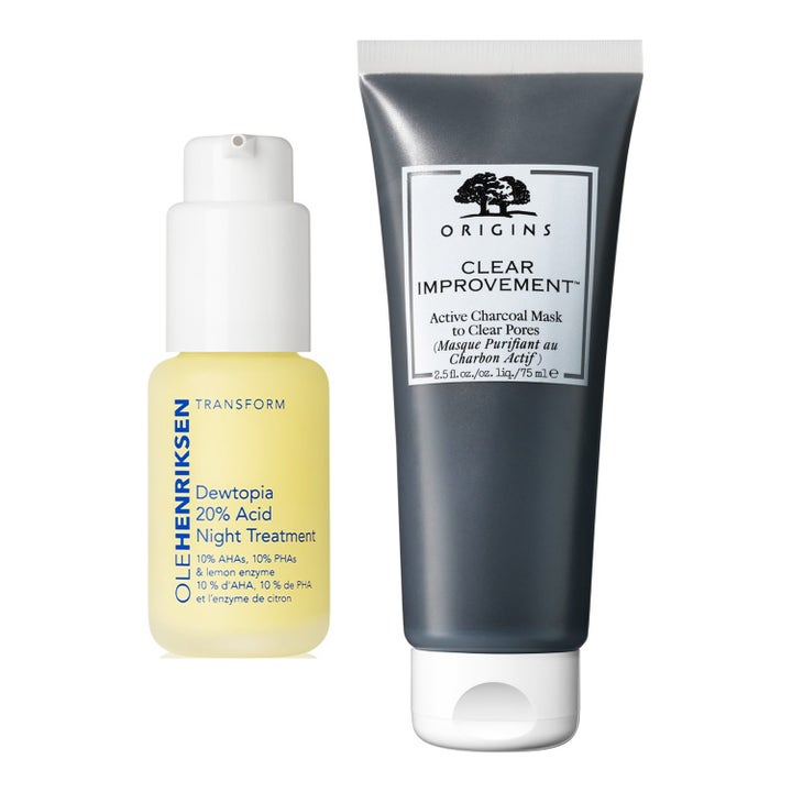 Ole Henriksen Dewtopia ja Origins Clear Improvement 75 ml heleyttävä setti keltaisessa pullossa ja harmaassa tuubissa