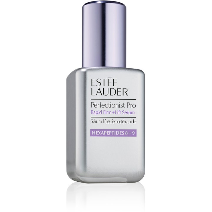 Estée Lauder Perfectionist Pro Rapid Firm + Lift Serum kiinteyttävä kasvoseerumi hopeisessa pullossa liilalla korkilla