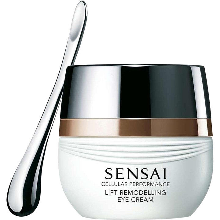Sensai Cellular Performance Lift Remodelling Eye Cream 15 ml kiinteyttää silmänympärysihoa valkoisessa purkissa hopeisella levittimellä.