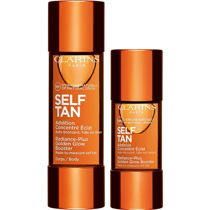 Clarins Radiance-Plus Golden Glow Booster itsetuskettava tiiviste luo hehkua kahdessa metallinhohtoisessa pronssipullossa.