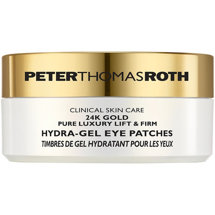 Peter Thomas Roth 24K Gold Hydra-Gel Eye Patches 60 kpl kiinteyttävä silmänympärysnaamio valkoisessa kultakantisessa purkissa.