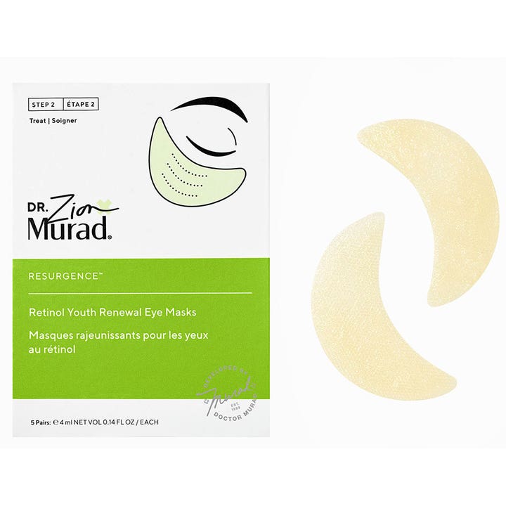 Murad Retinol Youth Renewal Eye Masks 5 paria uudistava silmänympärysnaamio vihreässä pakkauksessa ja kaksi kaarevaa lappua.