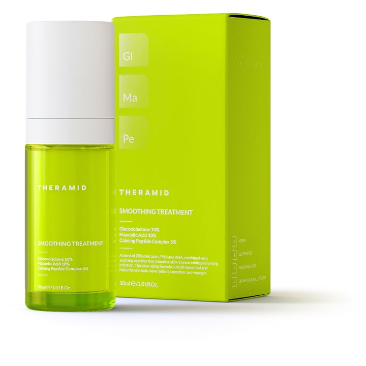 Niche Beauty Lab Theramid Smoothing Treatment 30 ml silottava seerumi hapoilla vihreässä pullossa ja pakkauksessa
