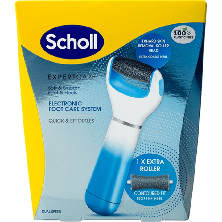 Scholl ExpertCare Electronic Foot Care System 1 kpl sähköinen jalkaraspi pehmentää ihoa sini-valkoinen laite.