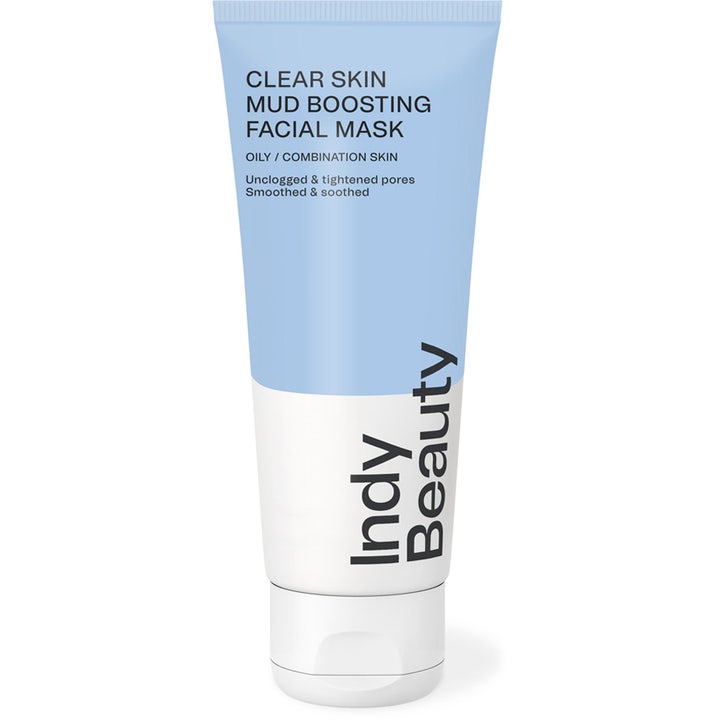Indy Beauty Clear Skin Mud Boosting Facial Mask syväpuhdistava kasvonaamio supistaa ihohuokosia vaaleansinisessä tuubissa.