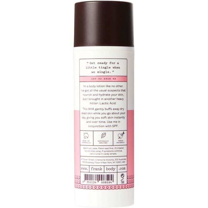 Frank Body Smoothing AHA Body Lotion 140 ml silottava vartalovoide valkoisen pullon kääntöpuoli ja tuotetiedot.