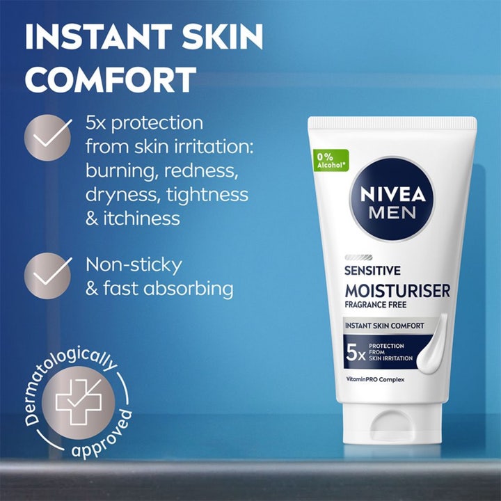 NIVEA Men Sensitive 75 ml rauhoittava kasvovoide herkälle iholle valkoisessa tuubissa ja 0% alkoholia -pakkauksessa.
