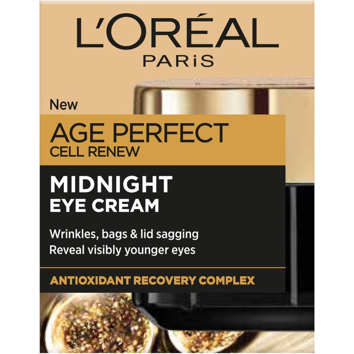 L'Oréal Paris Age Perfect Midnight Eye Cream 15 ml silmänympärysvoide häivyttää ryppyjä mustassa kultakantisessa purkissa.