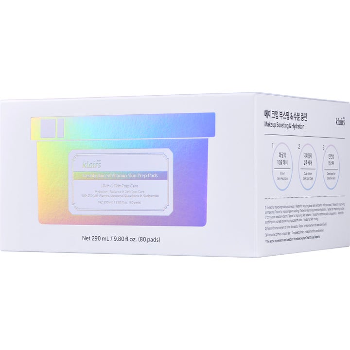 Klairs Freshly Juiced Vitamin Skin Prep Pads 80 kpl kirkastava kasvovesi valkoisessa pahvipakkauksessa