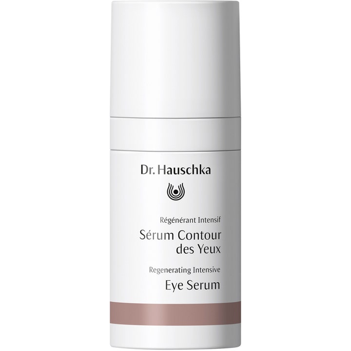 Dr. Hauschka Regenerating Intensive Eye Serum uudistava silmänympärysseerumi valkoisessa pullossa ruskealla raidalla