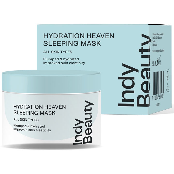 Indy Beauty Hydration Heaven Sleeping Mask 50 ml kosteuttava yönaamio vaaleansinisessä purkissa ja pakkauksessa