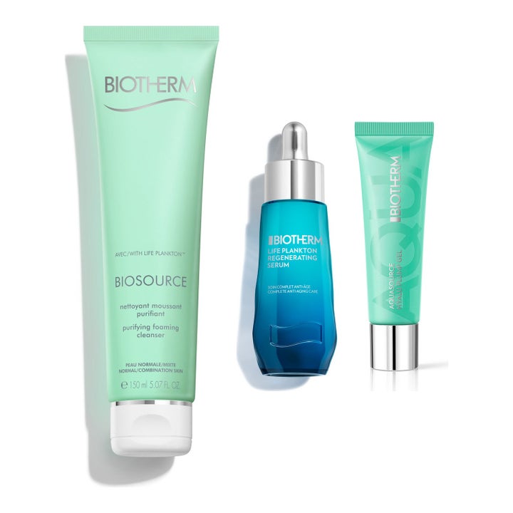 Biotherm Biosource 150 ml Life Plankton ja Aquasource setti kosteuttaa ihoa vihreissä tuubeissa ja sinisessä lasipullossa