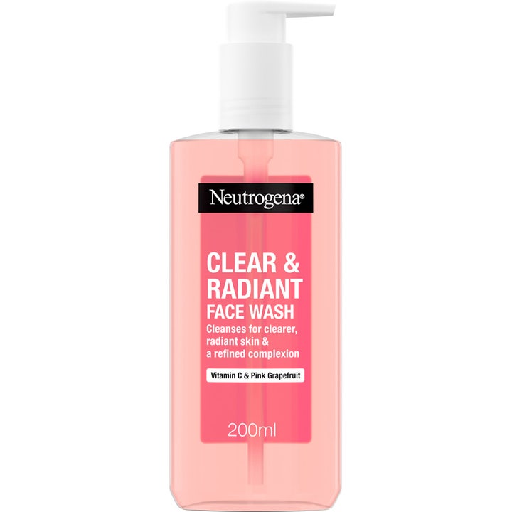 Neutrogena Clear & Radiant Face Wash 200ml kirkastava puhdistusgeeli vaaleanpunaisessa läpinäkyvässä pumppupullossa