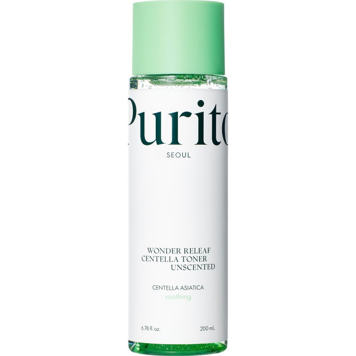 Purito Seoul Wonder Releaf Centella Toner Unscented 200 ml rauhoittava kasvovesi kirkkaassa pullossa mintunvihreällä korkilla