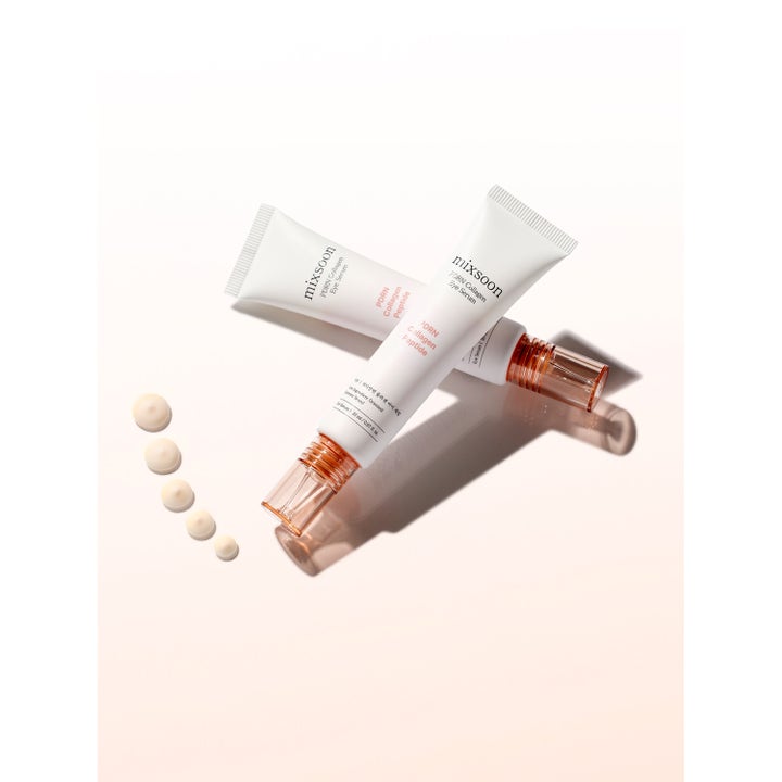 Mixsoon PDRN Collagen Eye Serum 20 ml silmänympärysseerumi valkoisissa tuubeissa ja vaaleat voidetipat