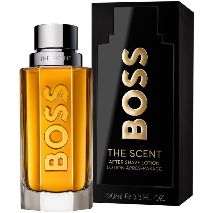 Hugo Boss Boss The Scent 100 ml after shave lotion rauhoittaa ihoa lasipullossa ja mustassa pakkauksessa.