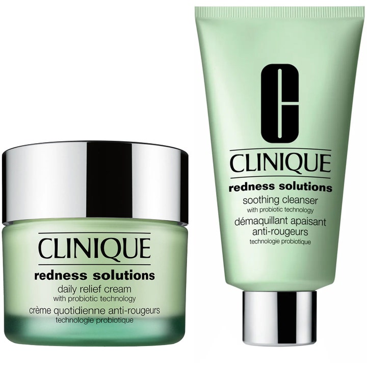 Clinique Redness Solutions punoitusta rauhoittava voide ja puhdistusaine mintunvihreissä pakkauksissa hopeisin korkein