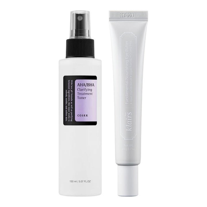 COSRX AHA/BHA Clarifying Treatment Toner 150 ml ja Klairs Eye Butter 20 g kirkastavat ja ravitsevat ihoa.