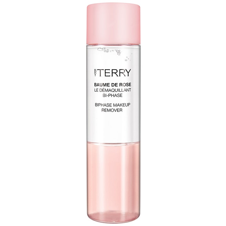 By Terry Baume de Rose Bi-Phase Makeup Remover puhdistaa meikin kaksivaiheisessa pullossa vaaleanpunaisella korkilla.