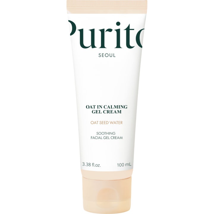 Purito Oat-In Calming Gel Cream 100 ml rauhoittava kaurageelivoide valkoisessa tuubissa, jossa on läpinäkyvä korkki.