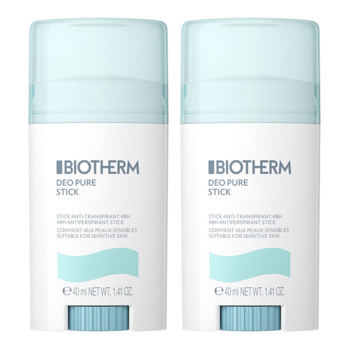 Biotherm Deo Pure Stick 2 x 40 ml antiperspirantti herkälle iholle kaksi valkoista pakkausta vaaleansinisillä korkeilla