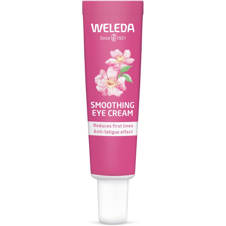 Weleda Smoothing Eye Cream silmänympärysvoide silottaa juonteita vaaleanpunaisessa tuubissa jossa on ruusun kuvia