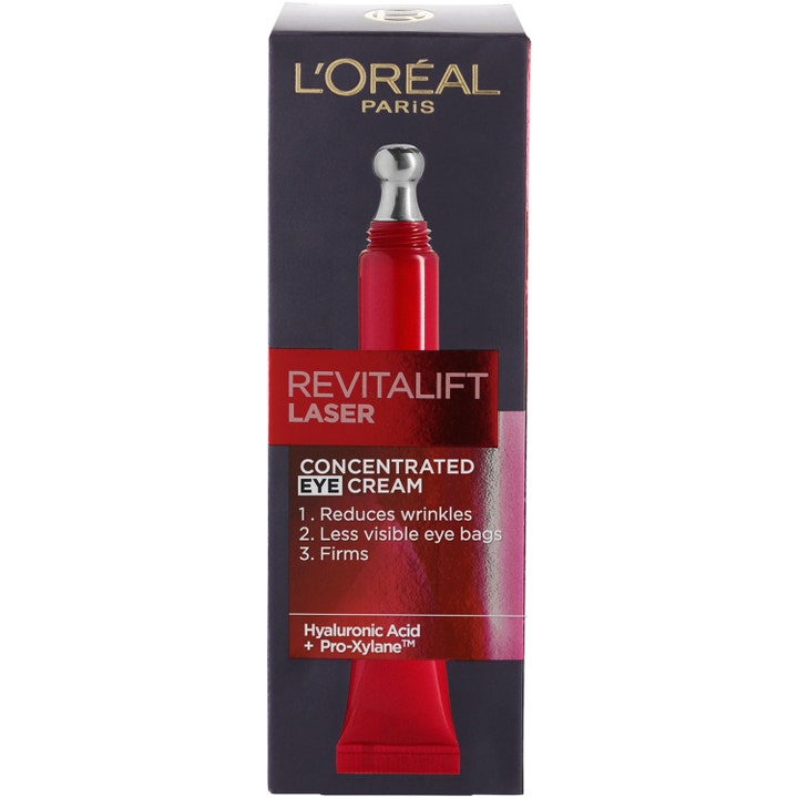 L'Oréal Paris Revitalift Laser 15ml kiinteyttävä silmänympärysvoide punaisessa tuubissa metalliapplikaattorilla.