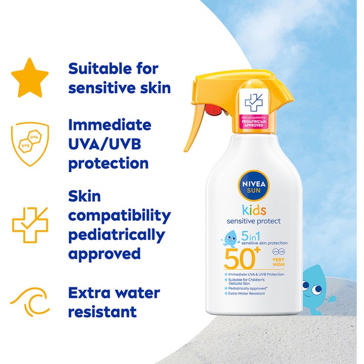 NIVEA Kids Sensitive Protect SPF50+ 270 ml aurinkosuojasuihku suojaa lapsen ihoa pullossa keltaisella suihkupäällä