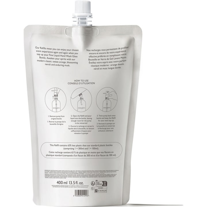 Molton Brown Orange & Bergamot 400 ml käsisaippua täyttöpakkaus on raikastava valkoinen pussi käyttöohjeilla