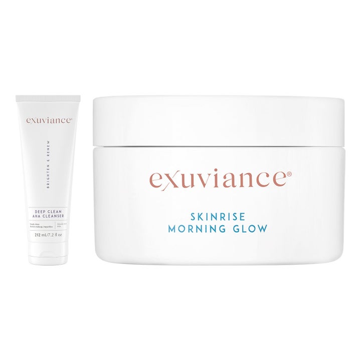 Exuviance Deep Clean AHA Cleanser 212 ml ja SkinRise Morning Glow heleyttävä setti joka luo hehkua valkoisissa pakkauksissa