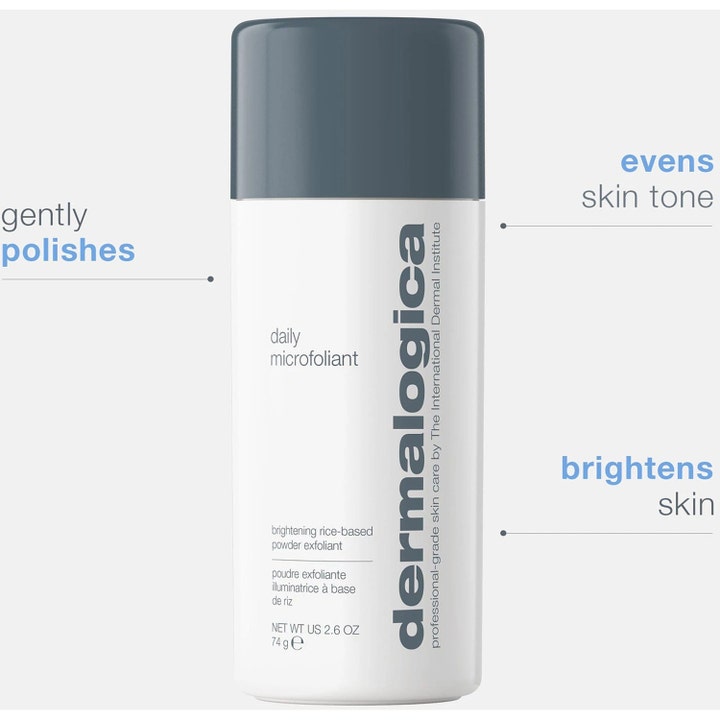 Dermalogica Daily Microfoliant 74 g kirkastava kuorinta-aine valkoisessa pullossa, joka tasoittaa ihon sävyn.